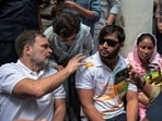 Leader of Opposition in Lok Sabha Rahul Gandhi, along with Sahil Lochav, who suffered pellet gun injuries during the Jantar Mantar students' protest, at the Parliament Street Police Station to file a complaint, in New Delhi on Friday.