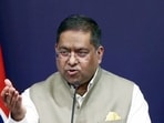 MEA Spokesperson Randhir Jaiswal addresses a press conference, in New Delhi on Friday. 