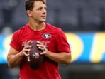 Brock Purdy #13 of the San Francisco 49ers warms up before the preseason game against the Los Angeles Chargers. 