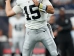 Las Vegas Raiders quarterback Fernando Mendoza (15) throws against the Houston Texans during the first half of an NFL preseason football game, Thursday, Aug. 20, 2026, in Houston. (AP Photo/Ashley Landis)