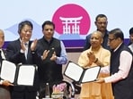 Representatives of Uttar Pradesh and Japan exchanged folders by signing MoUs between UP and Japan in the presence of chief minister Yogi Adityanath and Kotaro Nagasaki, Governor of Yamanashi (Japan) during the UP- Japan investment meet 2026, at Indira Gandhi Pratishthan in Lucknow, on Friday. (Deepak Gupta/HT Photo)