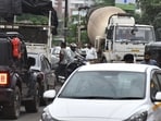 The problem has been compounded on the Pashan-Sus-Lavale route, where a single-lane stretch is struggling to cope with rapidly increasing traffic generated by residential development. (MAHENDRA KOLHE/HT PHOTO)