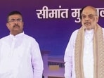 Union home minister Amit Shah and West Bengal chief minister Suvendu Adhikari during the foundation stone laying ceremony of various projects of the Sashastra Seema Bal (SSB), in Siliguri, on Friday. (PTI)