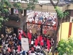 adavpur University logo damaged amid ABVP-Left clash in Kolkata, with both sides trading allegations over violence and campus vandalism.