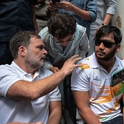 Leader of Opposition in Lok Sabha Rahul Gandhi, along with Sahil Lochav, who suffered pellet gun injuries during the Jantar Mantar students' protest, at the Parliament Street Police Station to file a complaint, in New Delhi on Friday.