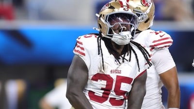 San Francisco 49ers running back Sincere McCormick (35) celebrates after scoring against the Los Angeles Chargers (AP Photo/Ryan Sun) (AP Photo/Ryan Sun)