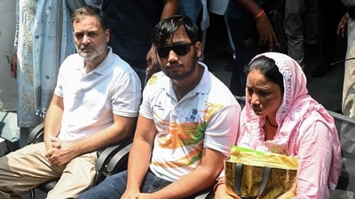 Lok Sabha LoP Rahul Gandhi, along with Sahil and his mother, remain outside the DCP Office, Parliament Street Police Station, in New Delhi. (ANI)