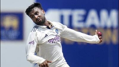 India's Manav Suthar bowls on day five of the first Test between India and Sri Lanka, in Galle, Sri Lanka, Wednesday. (PTI) India's Manav Suthar bowls on day five of the first Test between India and Sri Lanka, in Galle, Sri Lanka, Wednesday. (PTI)