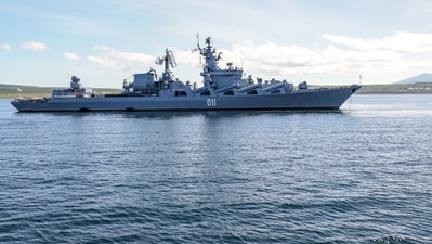 The Russian Varyag missile cruiser of the Pacific Fleet is seen after a military exercise near Yuzhno-Sakhalinsk, on Sakhalin Island, Russia, on Thursday, Aug. 13, 2026. (AP) The Russian Varyag missile cruiser of the Pacific Fleet is seen after a military exercise near Yuzhno-Sakhalinsk, on Sakhalin Island, Russia, on Thursday, Aug. 13, 2026. (AP)