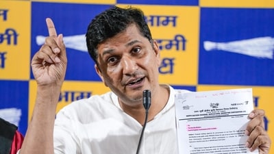 AAP Delhi President Saurabh Bharadwaj addresses a press conference, in New Delhi, Sunday, Aug. 9, 2026. (PTI) AAP Delhi President Saurabh Bharadwaj addresses a press conference, in New Delhi, Sunday, Aug. 9, 2026. (PTI)