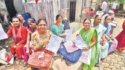 Thane, India - July 03, 2024: The "Majhi Ladki Bahin" New scheme announced by the Maharashtra Chief Minister has been implemented from July 1 and womens are seen f to collect documents and certificates at Thane tahshil office (Setu) , in Thane,in Mumbai, India, on, Wednesday, July 03, 2024. ( Praful Gangurde / HT Photo ) Thane, India - July 03, 2024: The "Majhi Ladki Bahin" New scheme announced by the Maharashtra Chief Minister has been implemented from July 1 and womens are seen f to collect documents and certificates at Thane tahshil office (Setu) , in Thane,in Mumbai, India, on, Wednesday, July 03, 2024. ( Praful Gangurde / HT Photo )