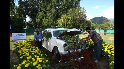 The garden has been established by the floriculture department and more than three dozen discarded items have been used, either by refurbishing them or giving them a useful look. (Waseem Andrabi/HT) The garden has been established by the floriculture department and more than three dozen discarded items have been used, either by refurbishing them or giving them a useful look. (Waseem Andrabi/HT)