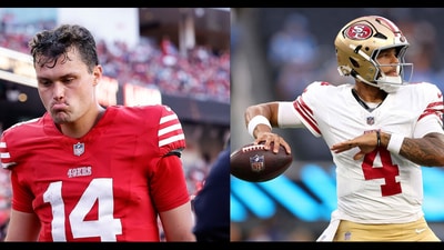 San Francisco 49ers rookie quarterback Kurtis Rourke is benched in Thursday's NFL preseason game against the Las Vegas Raiders after he sustained a rib injury in the team's opener against the Tennessee Titans. ((AP Photo/Kelley L. Cox) and Luke Hales/Getty Images/AFP) San Francisco 49ers rookie quarterback Kurtis Rourke is benched in Thursday's NFL preseason game against the Las Vegas Raiders after he sustained a rib injury in the team's opener against the Tennessee Titans. ((AP Photo/Kelley L. Cox) and Luke Hales/Getty Images/AFP)
