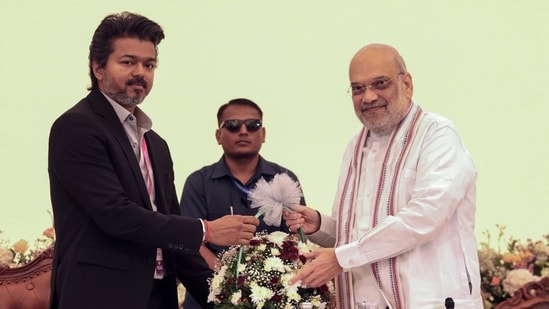 Union Home Minister Amit Shah being felicitated by Tamil Nadu Chief Minister S Joseph Vijay at the 31st Southern Regional Council Meeting at Mahabalipuram, in Chengalpattu on Thursday.