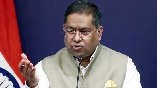 MEA Spokesperson Randhir Jaiswal addresses a press conference, in New Delhi on Friday.