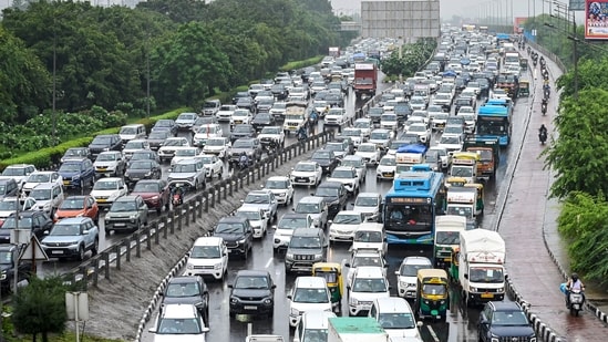 New Delhi: Traffic congestion is witnessed at the Akshardham-NH 24 intersection following rainfall, in New Delhi, Thursday, Aug. 6, 2026.
