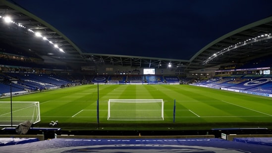 A general view of the Falmer stadium before the English Premier League soccer match between Brighton and Hove Albion and Newcastle United in Brighton, England, March 20, 2021.