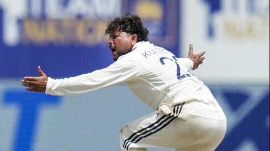Galle: India's Kuldeep Yadav appeals for an unsuccessful wicket on day three of the first test cricket match between India and Sri Lanka, in Galle, Sri Lanka, Monday, Aug. 17, 2026. (PTI Photo/Shailendra Bhojak)(PTI08_17_2026_000194A) (PTI)