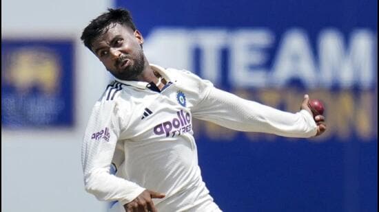 India's Manav Suthar bowls on day five of the first Test between India and Sri Lanka, in Galle, Sri Lanka, Wednesday. (PTI)