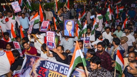 Job aspirants and students during a protest against the Jharkhand government over the cancellation of the JSSC-CGL examination following an alleged paper leak, and irregularities in other competitive exams, at Albert Ekka Chowk, in Ranchi, Thursday, Aug. 20, 2026.