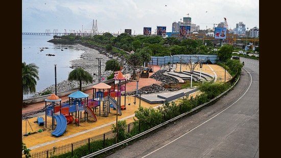 Mumbai, India. Aug 10, 2026 - A section of the Bandra Reclamation promenade is temporarily closed to the public due to ongoing repair work. Mumbai, India. Aug 10, 2026. (Photo by Raju Shinde/HT Photo) (Raju Shinde)