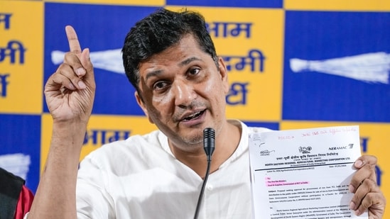 AAP Delhi President Saurabh Bharadwaj addresses a press conference, in New Delhi, Sunday, Aug. 9, 2026.