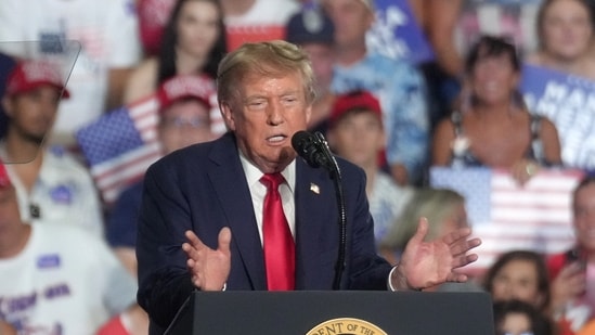 Donald Trump speaks at a campaign rally for Sen. Darline Graham, as she competes in a special Republican primary.