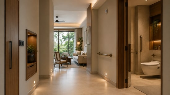 From wide-circulation areas, grab supports, level flooring and floor-level lighting, a longevity-focused interior includes accessible design features. (Picture credit: AI generated )