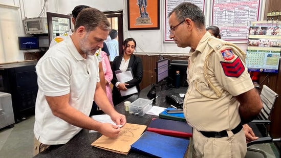 Rahul Gandhi reached the police station with the student, who was allegedly injured by pellet-gun fire during the protest.