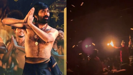 మోత మోగిపోతున్న థియేటర్లు.. ఇరుముడి సినిమా క్రేజ్.. హారతులు, భజనలు.. ఫ్యాన్స్తో కలిసి రవితేజ పిల్లలు!