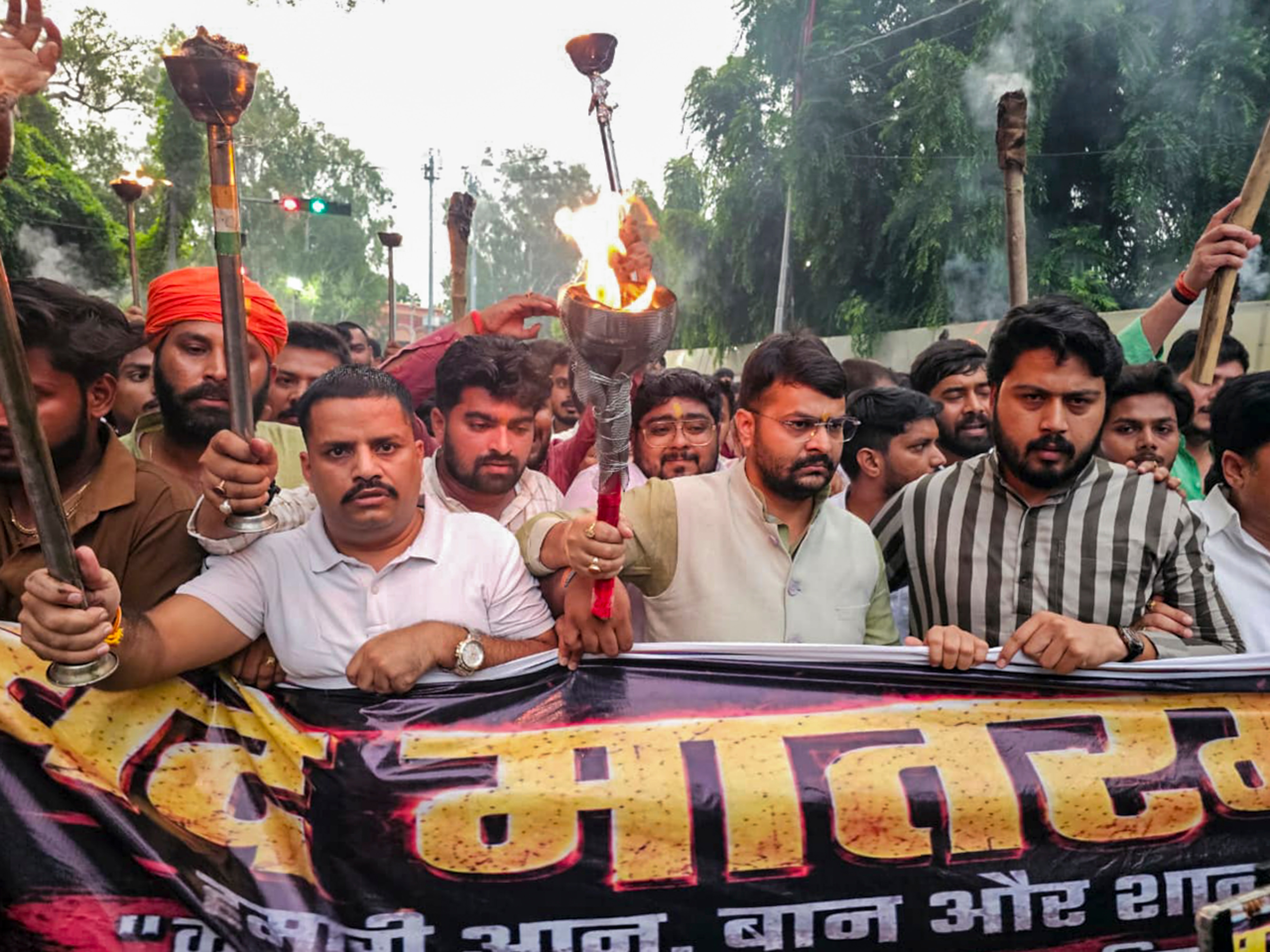 Bharatiya Janata Yuva Morcha activists protest against the Congress for allegedly disrespecting the Vande Mataram song, in Lucknow on August 16. (PTI) Bharatiya Janata Yuva Morcha activists protest against the Congress for allegedly disrespecting the Vande Mataram song, in Lucknow on August 16. (PTI)