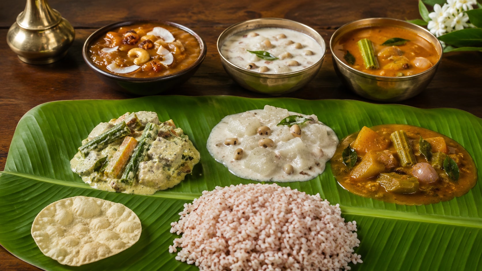 From avial, olan, to Kerala-style sambar and chakka pradhaman, Onam's Sadya spread is full of local flavours. (Picture credit: AI generated) From avial, olan, to Kerala-style sambar and chakka pradhaman, Onam's Sadya spread is full of local flavours. (Picture credit: AI generated)