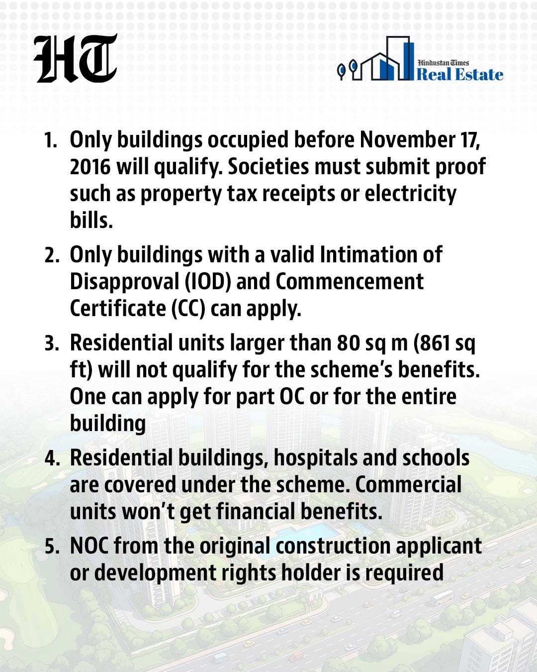 5 things homeowners should know about BMC's amnesty scheme to issue occupation certificate (OC) to housing societies. (HT Graphics) 5 things homeowners should know about BMC's amnesty scheme to issue occupation certificate (OC) to housing societies. (HT Graphics)
