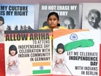 Dhara Shah, mother of Ariha Shah who is in German foster care, stage a demonstration at Jantar Mantar to allow the child to celebrate Independence Day with the Indian Community in Germany, in New Delhi on Friday. (ANI Photo)