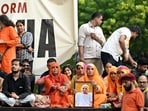 Reservation Reform Alliance (RRA) members stage “Reservation Reform Satyagraha” demonstration against caste-based reservation at Jantar Mantar, in New Delhi on Friday.
(ANI)