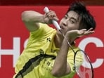 Canada's Victor Lai in action against France's Alex Lanier in the men’s singles semi-finals of the BWF World Championships at the IGI Stadium in New Delhi on Saturday. (PTI)