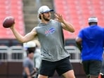 Josh Allen #17 of the Buffalo Bills warms up prior to a preseason game against the Cleveland Browns at Huntington Bank Field in Cleveland, Ohio.   
