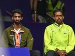 Indian badminton coach Pullela Gopichand, along with B. Sumeeth Reddy, watches the women’s doubles quarterfinal match between India’s Treesa Jolly and Gayatri Gopichand Pullela and China’s Jia Yi Fan and Zhang Shu Xian during the BWF World Championships 2026 in New Delhi, India, on Friday, August 21, 2026. (Photo by Sanchit Khanna/Hindustan Times) (Hindustan Times)