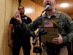 Far-right US activist Jake Lang addresses a meeting of the Dearborn City Council following an anti-Muslim demonstration he organized called the 
