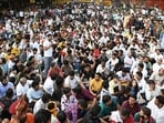 A crowd gathered during the “Reservation Reform Satyagraha” demonstration called by the Reservation Reform Alliance (RRA) against caste-based reservation at Jantar Mantar, in New Delhi on Friday. (ANI)