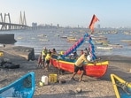 Mumbai, India - 20th May 2019:- Fishermen parking a new boat after the pooja at Worli Koliwada, Mumbai, India, on May 20 2019. (Photo by Aalok Soni/ Hindustan Times)
