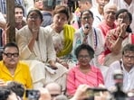 TMC supremo Mamata Banerjee during a sit-in protest in Kolkata, in  June, 2026. Party MP Dola Sen and others are also present. 