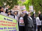 Hyderabad: Members of the All India Lawyers Union (AILU) Telangana State Committee raise slogans during a protest demanding the resignation of Bar Council of India (BCI) Chairman Manan Kumar Mishra.(PTI)