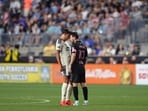 Quinn Sullivan and Lionel Messi react in the second half at Subaru Park.(IMAGN IMAGES via Reuters Connect)