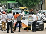Supporters of Qaumi Insaaf Morcha enforcing the Punjab bandh in Mohali on Friday. (Ravi Kumar/HT)
