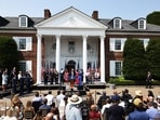 President Trump speaks outside the Trump National Golf Club Bedminster in 2021.