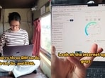 A woman revealed the setup she used to attend meetings and stay connected while travelling by train.(Instagram/thetravellergurl)