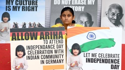 Dhara Shah, mother of Ariha Shah who is in German foster care, stage a demonstration at Jantar Mantar to allow the child to celebrate Independence Day with the Indian Community in Germany, in New Delhi on Friday. (ANI Photo) Dhara Shah, mother of Ariha Shah who is in German foster care, stage a demonstration at Jantar Mantar to allow the child to celebrate Independence Day with the Indian Community in Germany, in New Delhi on Friday. (ANI Photo)