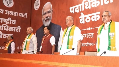 BJP national president Nitin Nabin during an induction meeting with the party’s newly appointed national office-bearers at the BJP headquarter, in New Delhi on Saturday. (ANI)