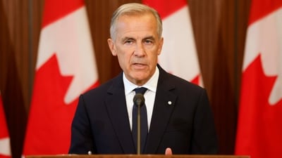 Prime Minister Mark Carney speaks about Canada's response to new US tariffs during a news conference on Parliament Hill in Ottawa. (The Canadian Press)